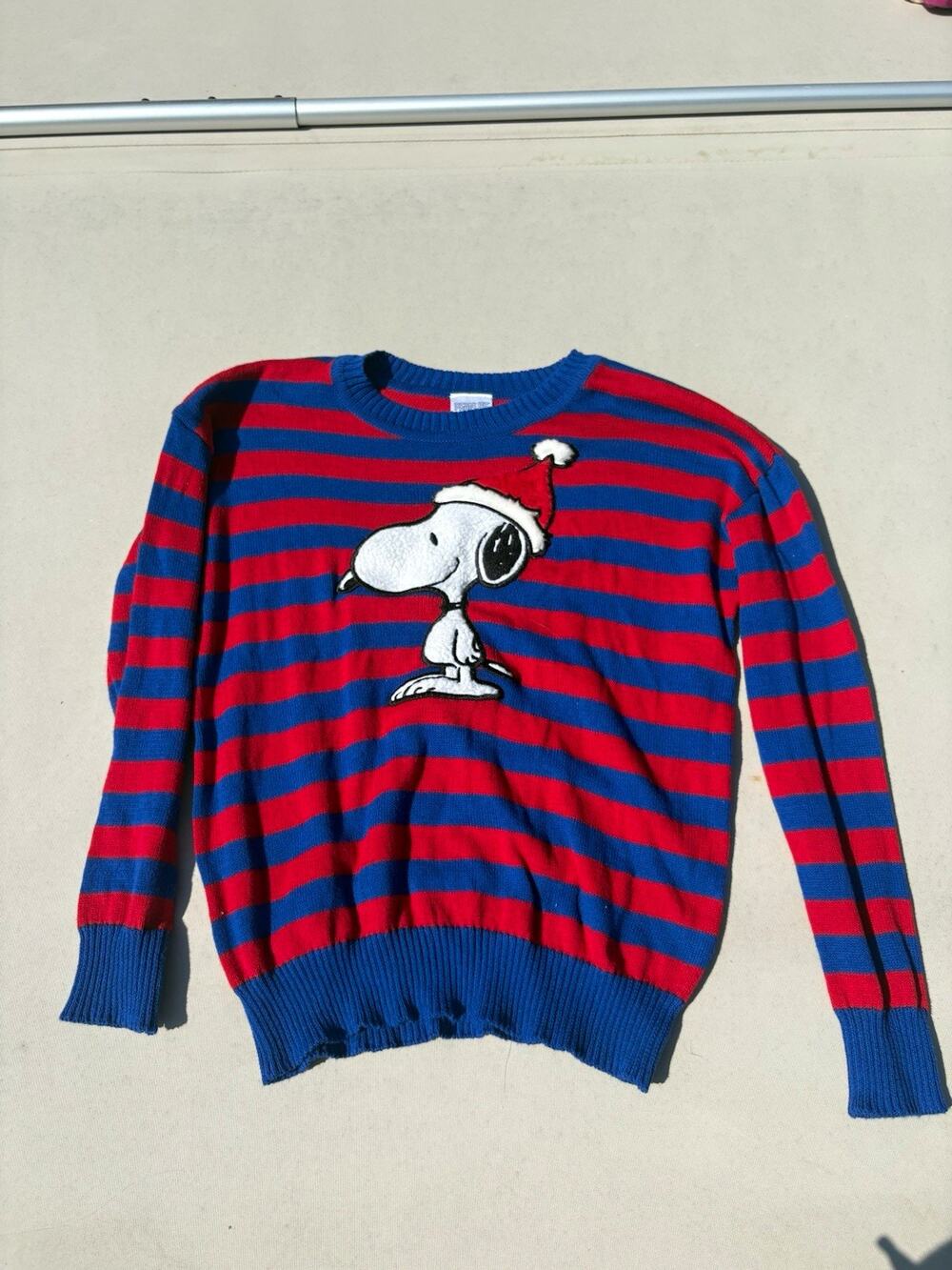 Peanuts Snoopy Striped Knit Sweater Medium Blue Red
